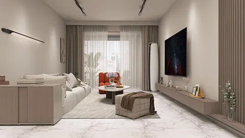 modern living room design featuring a cozy sofa arrangement with stylish accent chairs, utilizing 3D rendering for realistic visualization, incorporating smart furniture layout for space optimization.