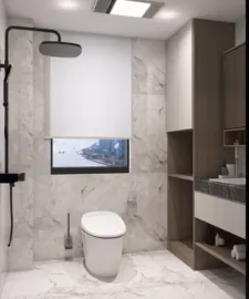 modern bathroom design showcasing elegant marble tiles and sleek fixtures with effective space utilization using Homestyler's real-time 3D rendering feature.