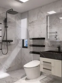 modern bathroom with elegant fixtures installing a marble finish enhancing functionality through efficient space utilization featuring Homestyler's real-time 3D rendering.