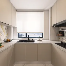 modern kitchen design featuring a black sink and countertops with light beige cabinetry, showcasing efficient space utilization in a small area using Homestyler's 3D visualization capabilities.
