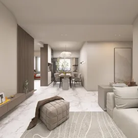 Modern living area showcasing a cozy sofa arrangement with a minimalist design and elegant marble flooring, utilizing Homestyler's real-time 3D rendering feature to preview renovation effects.