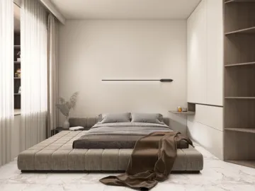 modern bedroom design featuring a low-profile bed with soft linens, incorporating smart furniture arrangement for space optimization, showcasing Homestyler's real-time 3D rendering capability