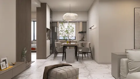 modern dining area featuring a wooden table and stylish chairs, showcasing a minimalist design for a cozy living space with an emphasis on smart furniture arrangement using Homestyler's real-time 3D rendering feature.