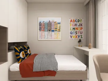 Cozy bedroom design featuring a bed with decorative pillows, organized shelving, and colorful wall art, showcasing a modern minimalist style with a focus on space efficiency for small interiors using Homestyler's real-time 3D rendering.