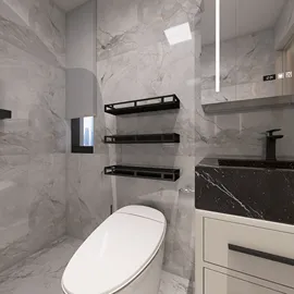modern bathroom design featuring a sleek toilet and stylish black shelves, utilizing Homestyler's real-time 3D rendering for accurate visualizations.