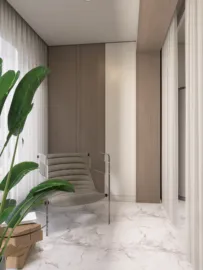 contemporary armchair placed in a minimalist hallway with neutral tones and natural light enhancing the modern design aesthetic, featuring Homestyler's real-time 3D rendering for design previews