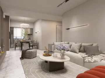 modern living room furniture arrangement with cozy design style featuring a plush sofa, coffee table, and decorative accessories, showcasing Homestyler's real-time 3D rendering for interior design visualization