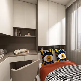 cozy bedroom design featuring modern furniture arrangement in a minimalist style, optimized for space efficiency with smart furniture layout using Homestyler's real-time 3D rendering feature.