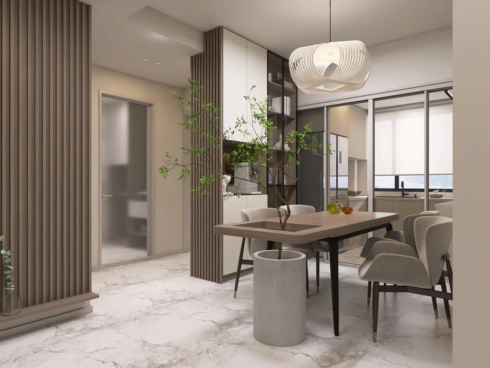 Modern dining area featuring a wooden table and stylish chairs, designed for a contemporary open-plan space, utilizing Homestyler's real-time 3D rendering for effective design presentation.