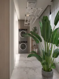 laundry room with washing machines and plant decor creating a modern, stylish aesthetic while optimizing space using homestyler's real-time 3D rendering feature