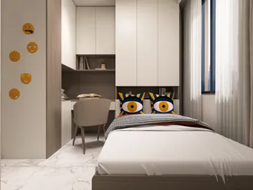 Modern bedroom design featuring a minimalist bed with vibrant decorative pillows, showcasing a stylish workspace and sleek cabinetry, optimized for small space functionality using Homestyler's real-time 3D rendering capability.
