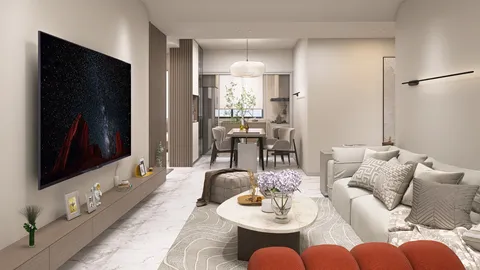 living room featuring a modern sofa layout, showcasing a minimalist style, enhancing the cozy atmosphere of the space with Homestyler's real-time 3D rendering capability.