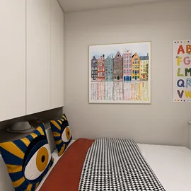 cozy bedroom design featuring colorful pillows and artworks, rendered in realistic style, showcasing interior decor elements for small space optimization with Homestyler's real-time 3D rendering feature.