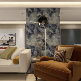 cozy living room interior with a stylish armchair and modern wall design featuring a unique pattern, showcasing interior decor ideas using Homestyler's real-time 3D rendering feature for a quick design proposal.