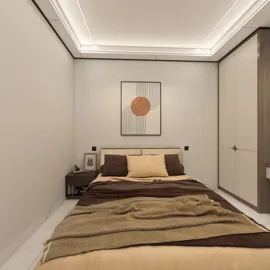 modern bedroom design showcasing a cozy bed arrangement with neutral tones and minimalistic decor, enhancing space functionality through Homestyler's real-time 3D rendering feature.