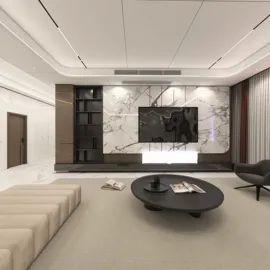 modern living room design featuring a sleek marble accent wall with a large television, minimalist furniture arrangement, and neutral color palette for a sophisticated ambiance; showcasing 3D rendering capabilities of Homestyler.