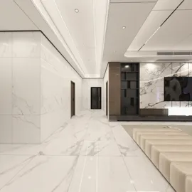 spacious hallway featuring marble flooring and wall panels, showcasing a modern minimalist design, ideal for interior decor inspiration using Homestyler's real-time 3D rendering feature.