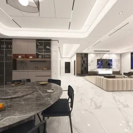 modern kitchen and dining area showcasing open space design with a focus on luxury and functionality, featuring Homestyler's real-time 3D rendering for quick visualization