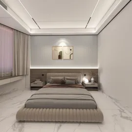 A modern bedroom showcasing a minimalist design with a low-profile bed and sleek nightstands, featuring soft lighting and marble flooring, emphasizing spaciousness and comfort. Designed using Homestyler's real-time 3D rendering feature for effective interior decor visualization.