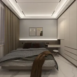 Cozy bedroom with soft lighting and modern furnishings, featuring smart furniture arrangement for optimized space utilization and showcasing Homestyler's real-time 3D rendering capabilities.