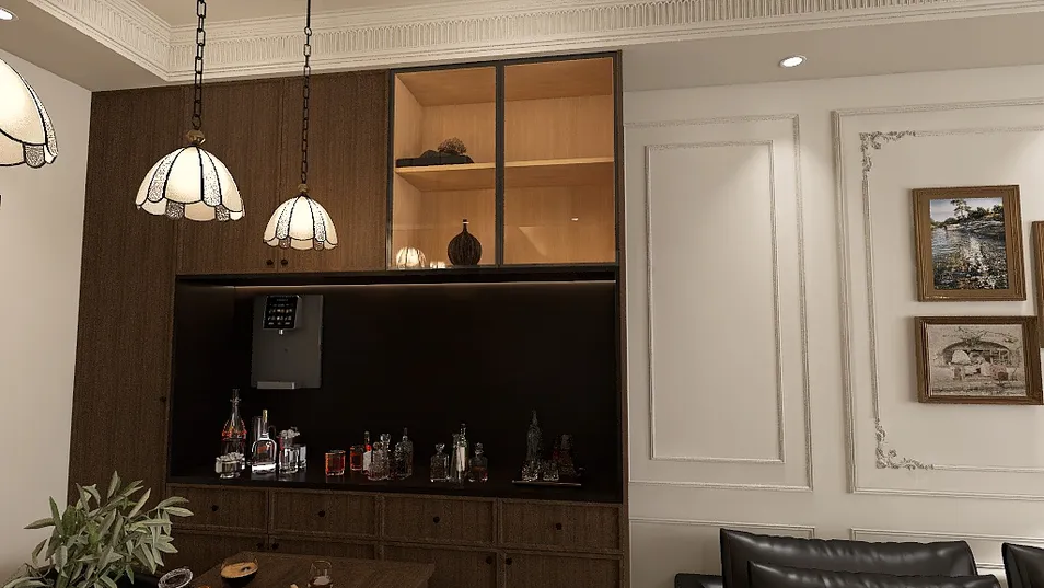 Modern wooden cabinet design with integrated lighting showcasing a home bar area in a stylish living room, featuring smart furniture arrangement using Homestyler's real-time 3D rendering capabilities.