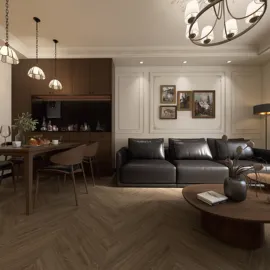 Modern living room design showcasing leather sofas and elegant lighting fixtures, featuring a cozy dining area with wooden furniture and decorative wall art, optimized for space utilization with Homestyler's real-time 3D rendering.