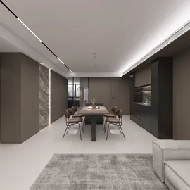 modern dining area featuring a sleek dining table with chairs, designed in a minimalist style, optimizing space for a spacious feel, showcasing Homestyler's real-time 3D rendering feature.