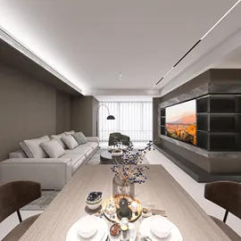 Modern living room with comfortable sofa and elegant dining table featuring 3D interior design elements, utilizing Homestyler's real-time 3D rendering for a detailed renovation preview.