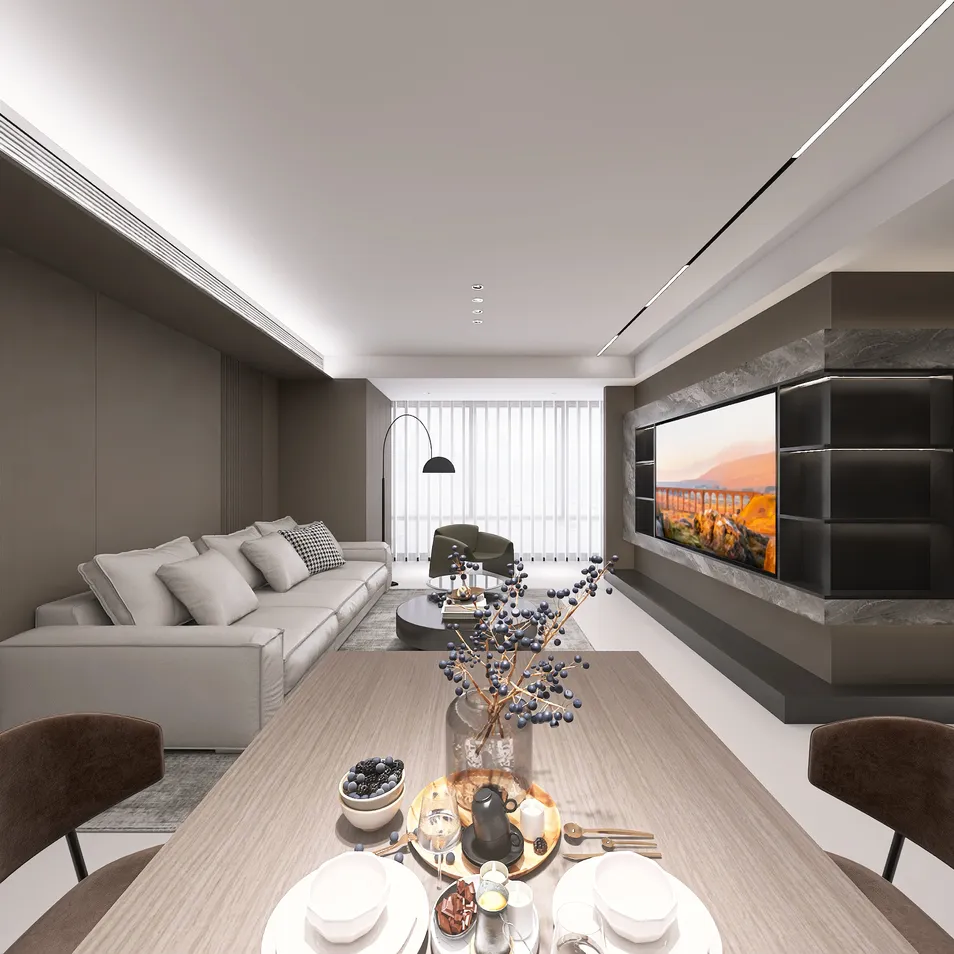 Modern living room with comfortable sofa and elegant dining table featuring 3D interior design elements, utilizing Homestyler's real-time 3D rendering for a detailed renovation preview.