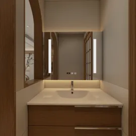 modern bathroom vanity with wooden cabinetry and soft lighting, showcasing interior design with a focus on functionality, utilizing Homestyler's real-time 3D rendering feature.