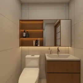 modern bathroom design featuring a sleek toilet and stylish vanity with a mirror and open shelving, emphasizing space optimization and aesthetic appeal using Homestyler's smart furniture arrangement feature.