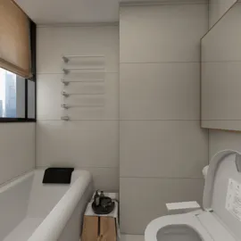 bathroom design featuring a bathtub and modern toilet layout, utilizing a minimalist style to enhance small space efficiency with Homestyler's 3D interior design feature.
