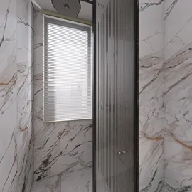luxurious shower enclosure featuring marble walls and a sleek glass door, enhancing the spa-like atmosphere in a modern bathroom, utilizing Homestyler's real-time 3D rendering for design visualization.