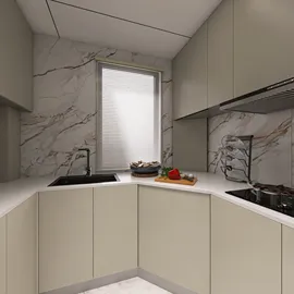 modern kitchen design with optimized layout featuring sleek cabinetry and marble backsplash, utilizing Homestyler's real-time 3D rendering for effective renovation previews