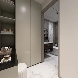 modern bathroom design aesthetic featuring sleek cabinetry and elegant marble flooring, showcasing Homestyler's real-time 3D rendering feature for immersive interior decor visualization.