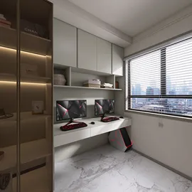 modern home office featuring a dual computer setup and storage shelves, designed for efficient workspace optimization, enhancing productivity with Homestyler's real-time 3D rendering capabilities.