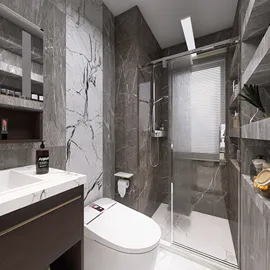 modern bathroom design featuring a spacious shower and elegant marble walls, showcasing interior decor with high-quality materials, utilizing Homestyler's real-time 3D rendering for an efficient design preview.