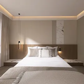 modern bedroom design featuring a minimalist bed setup with stylish wall accents and ambient lighting, showcasing a serene atmosphere with a focus on comfort; includes Homestyler's real-time 3D rendering feature for effective design preview.
