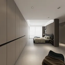 Modern bedroom design featuring a spacious layout with minimalist furniture arrangement, showcasing a contemporary style that enhances the room's value while utilizing Homestyler's real-time 3D rendering feature.