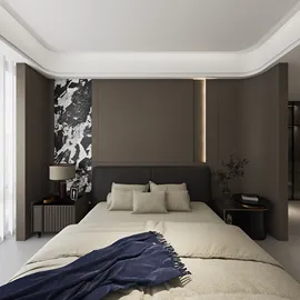 Modern bedroom design featuring a cozy bed arrangement with a stylish headboard contrasting dark accent walls and elegant lighting, showcasing Homestyler's real-time 3D rendering for interior decor visualization.