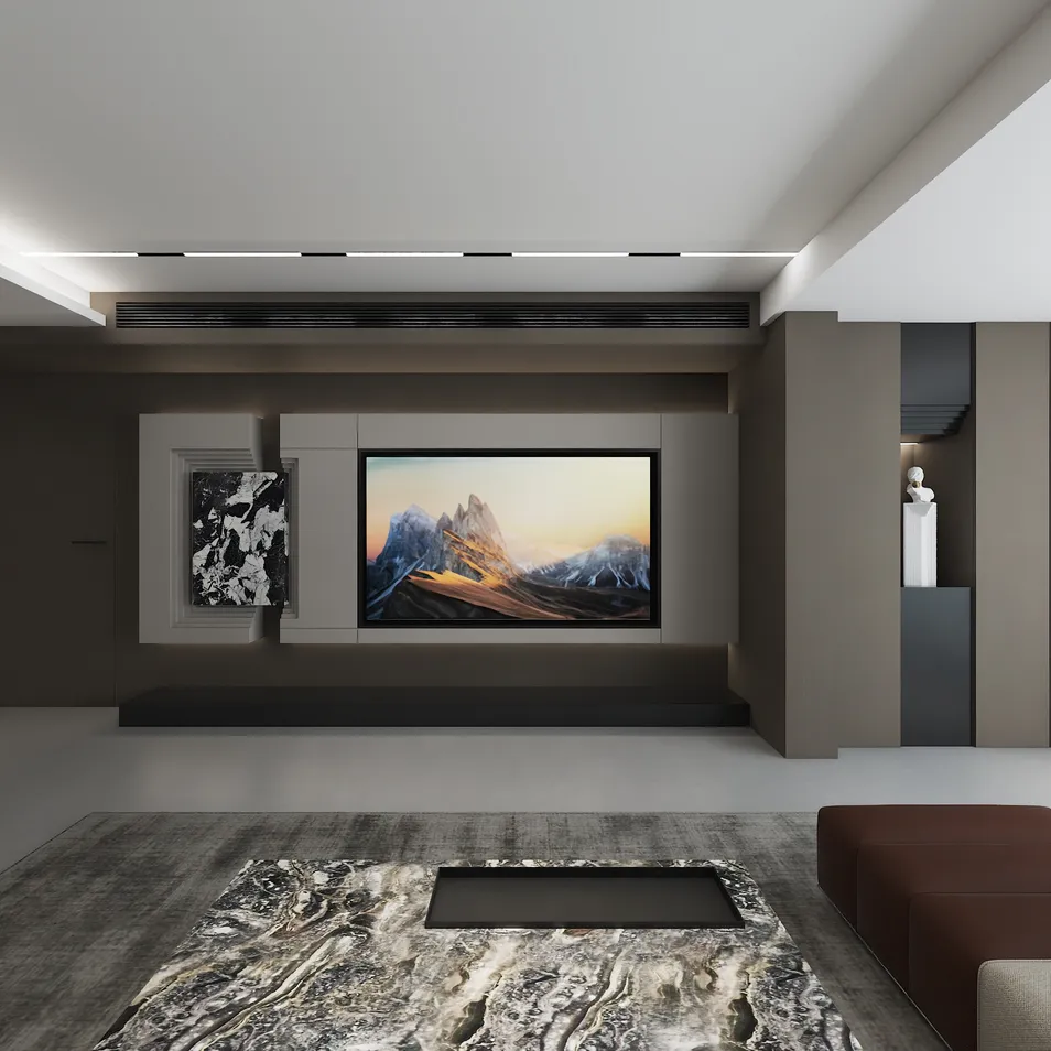 modern living room with digital artwork display optimized using Homestyler's real-time 3D rendering for interior design preview