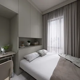 cozy bedroom design featuring a modern bed arrangement with natural light streaming in, showcasing a neutral color palette and minimalist decor, utilizing Homestyler's real-time 3D rendering feature for visualizing interior layouts.