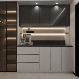 modern kitchen cabinetry design featuring sleek black and white finish with ambient lighting, showcasing interior decor optimization using Homestyler's real-time 3D rendering feature.