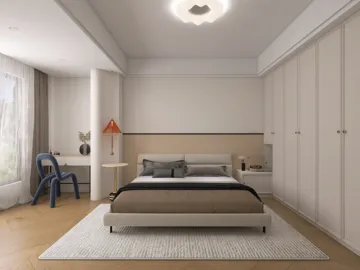 Modern bedroom featuring a cozy bed arrangement in neutral tones with smart furniture layout, showcasing interior design aesthetics for optimized small space. Designed using Homestyler's real-time 3D rendering functionality.