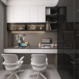 modern home office design featuring dual workstations with ergonomic chairs and sleek storage solutions, optimized for productivity and efficiency using Homestyler's real-time 3D rendering capability.