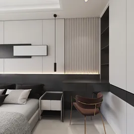 modern bedroom design featuring sleek furniture arrangement with a monochromatic color scheme, optimized for space efficiency using Homestyler's AR virtual furniture placement.