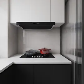 modern kitchen featuring a sleek stove setup with integrated hood, showcasing a minimalist design aesthetic, ideal for interior decor enthusiasts looking to optimize space in small kitchens using Homestyler's real-time 3D rendering feature.