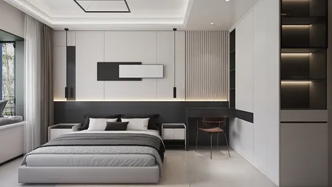 modern bedroom interior design featuring a minimalist aesthetic with sleek furnishings and soft lighting, utilizing Homestyler's real-time 3D rendering for a realistic preview.