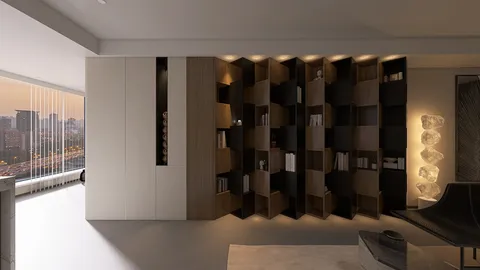 modern bookshelf design featuring unique geometric shapes and wood finishes in an open living space, enhancing interior decor with smart furniture arrangement using Homestyler's real-time 3D rendering for quick design previews.