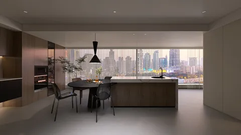 Modern kitchen with dining area featuring smart furniture arrangement in a contemporary style, optimizing small space functionality with Homestyler's real-time 3D rendering.